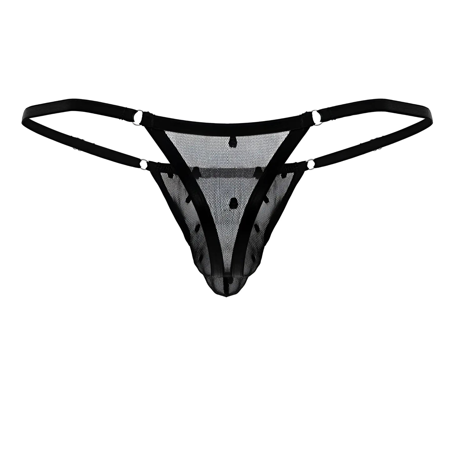 Black mesh thong with thin straps and small black dots from candyman 99824 collection in black color