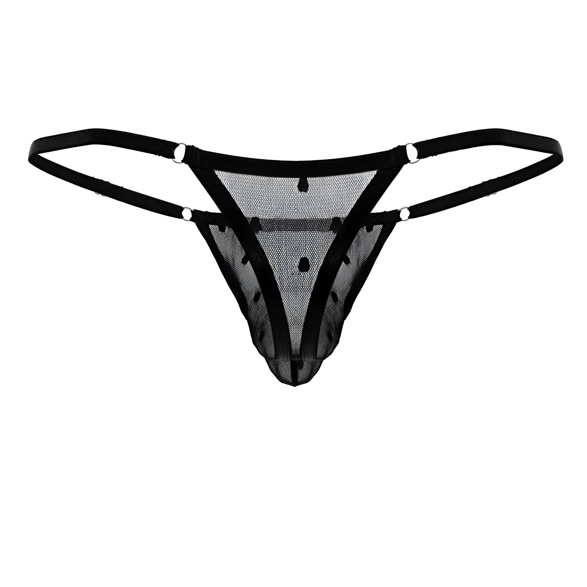 Black mesh thong with thin straps and small black dots from candyman 99824 collection in black color