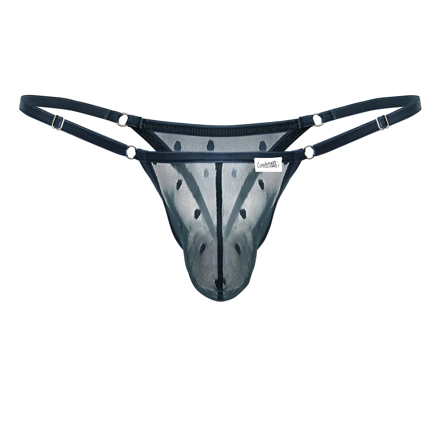 Black mesh thong with adjustable straps and silver-toned metal hardware from candyman in green color