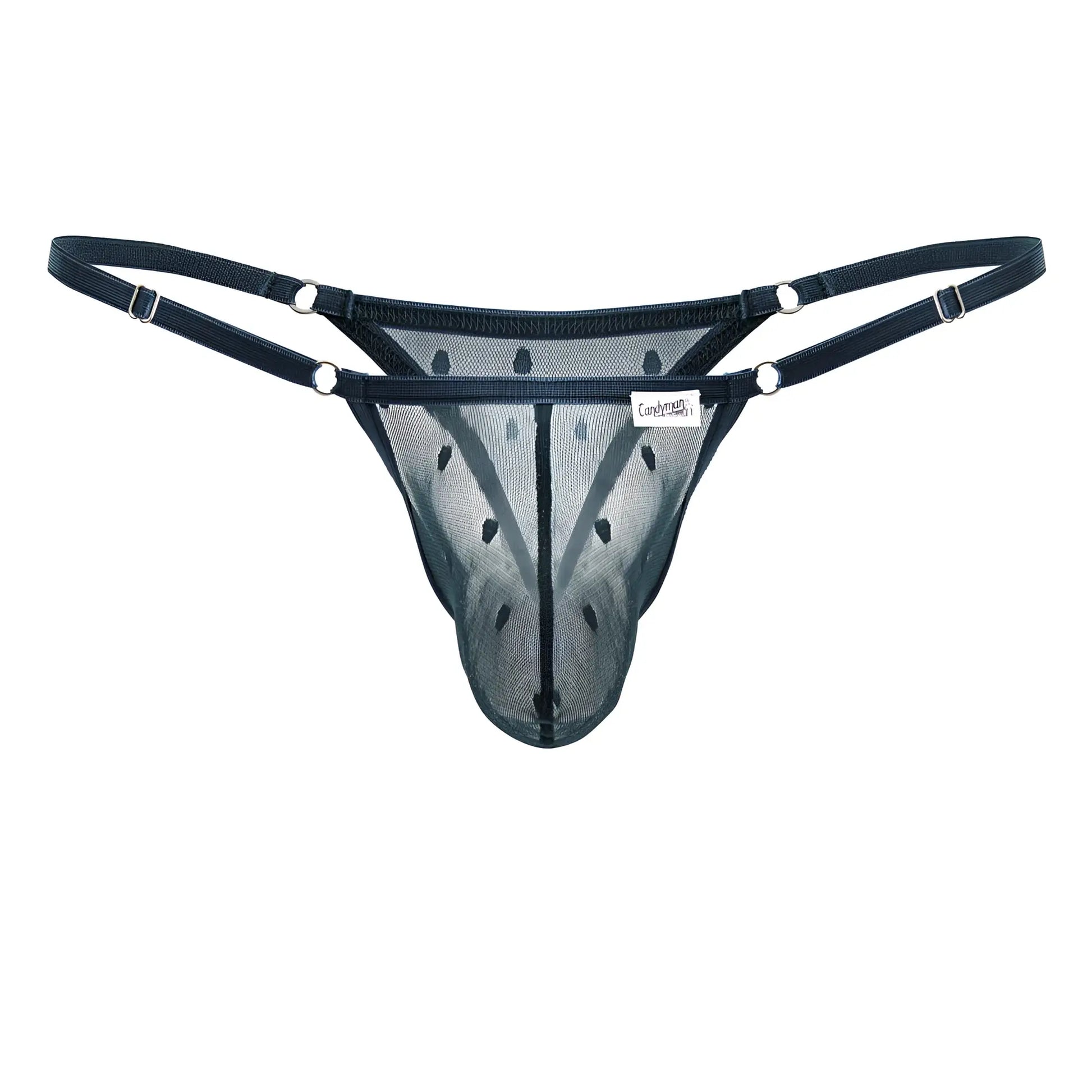 Black mesh thong with adjustable straps and silver-toned metal hardware from candyman in green color