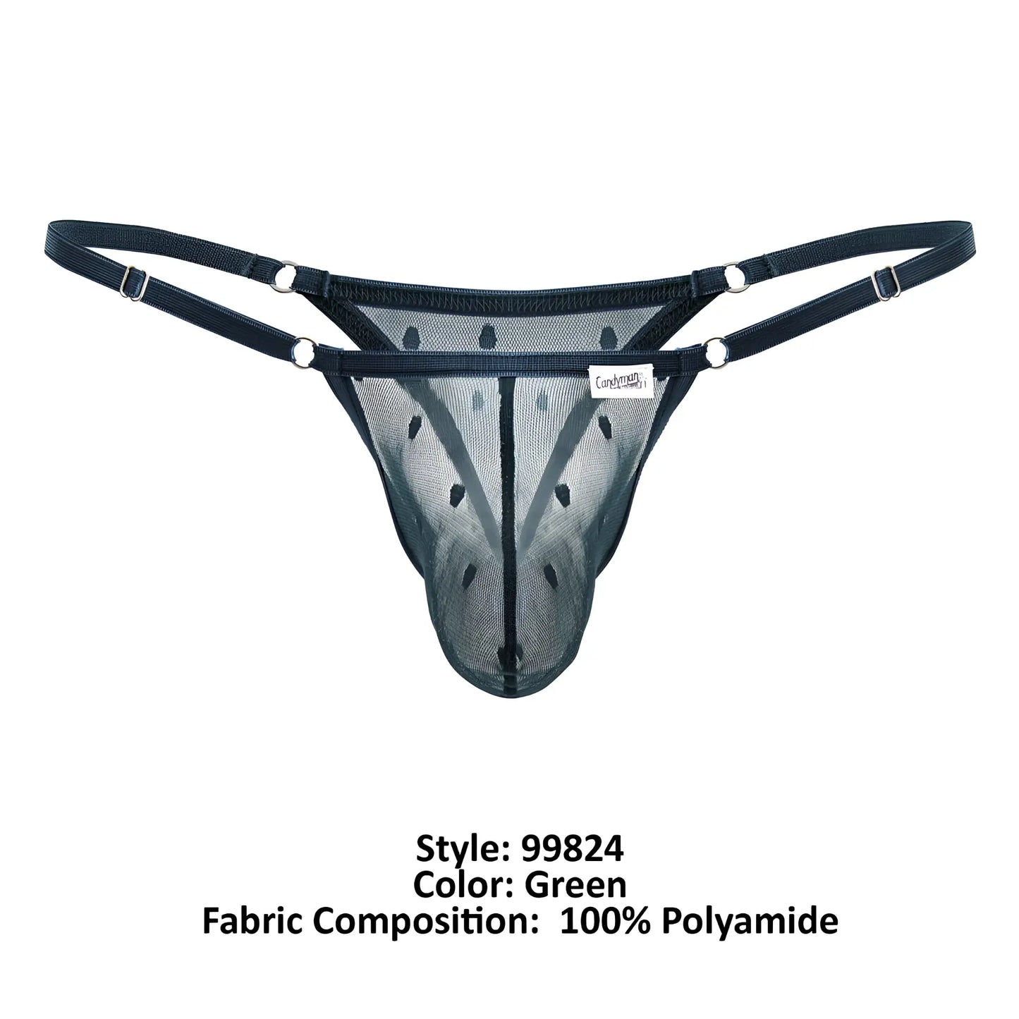 CandyMan 99824 green mesh thong with adjustable straps and silver metal hardware shown from the back side