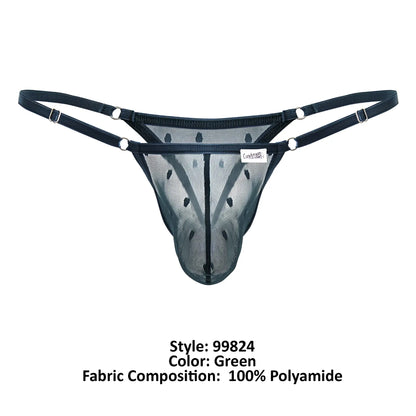 CandyMan 99824 green mesh thong with adjustable straps and silver metal hardware shown from the back side