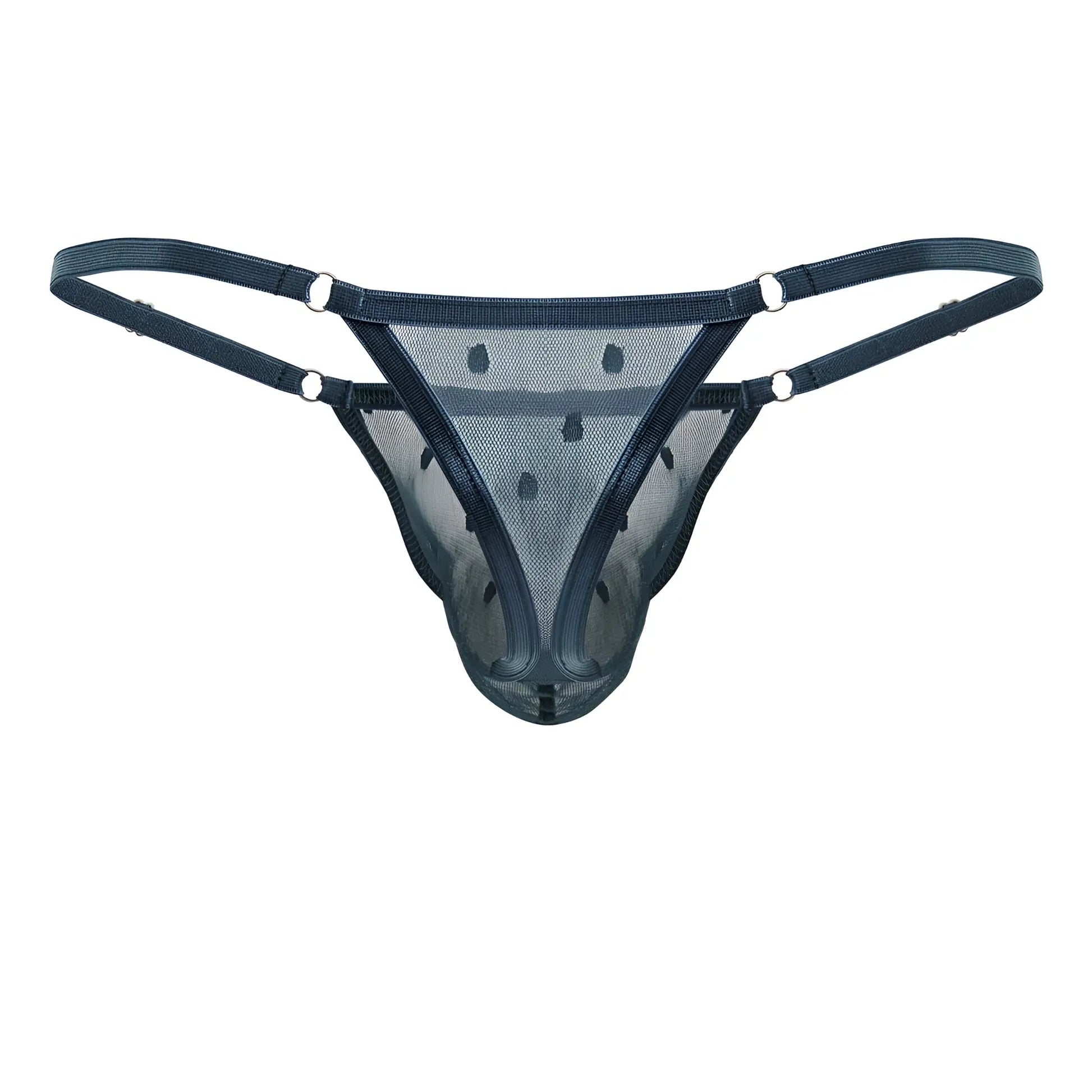 Black mesh thong with adjustable straps and silver-toned rings from candyman 99824 mesh thongs color green collection