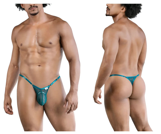 Teal mesh thong with metallic trim and small brand tag candyMan 99824 mesh thong color green front view