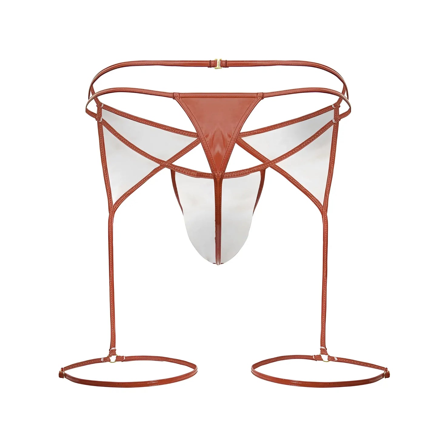 Brown leather strappy bikini bottom with transparent panels and adjustable leg loops from candyman dom outfit red