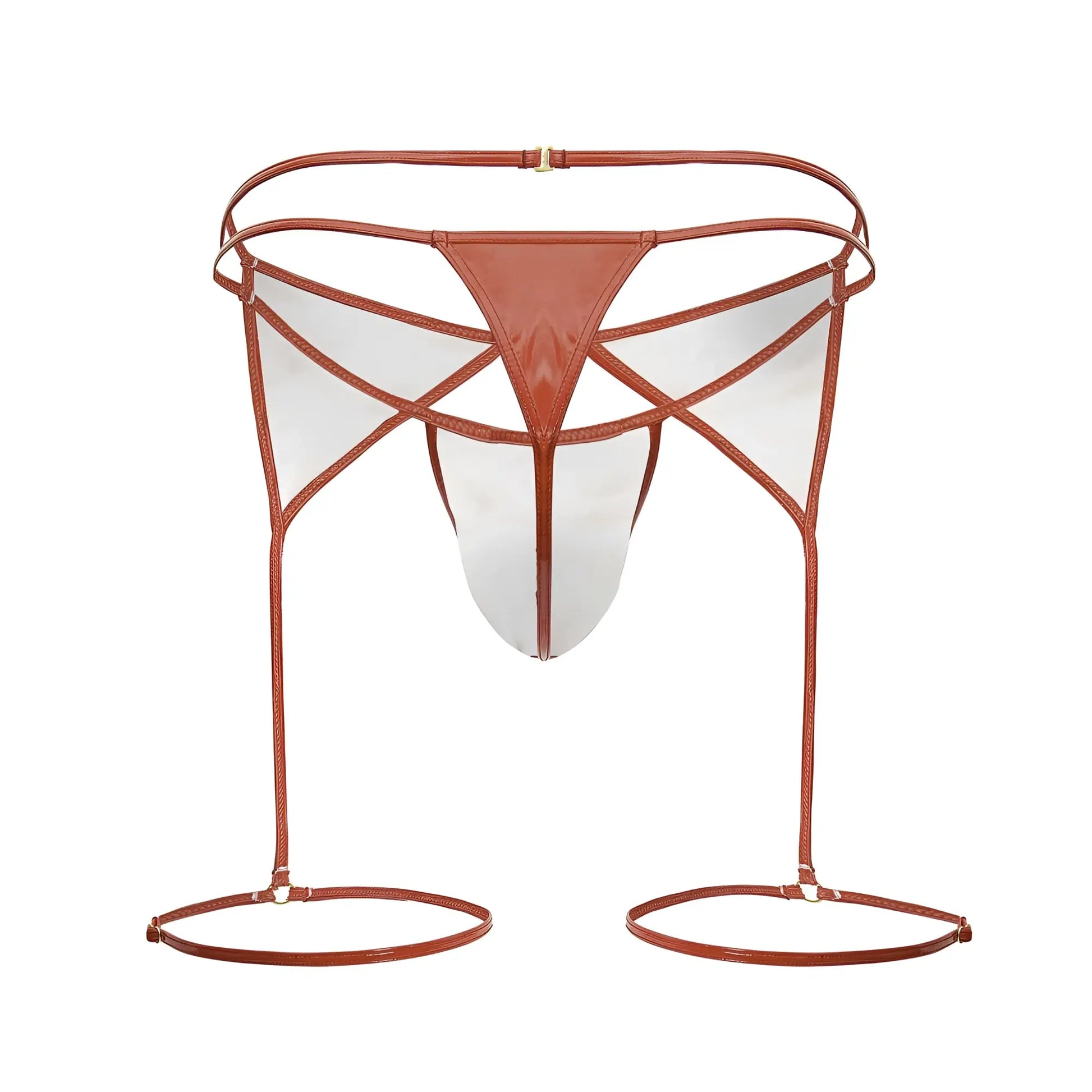 Brown leather strappy bikini bottom with transparent panels and adjustable leg loops from candyman dom outfit red