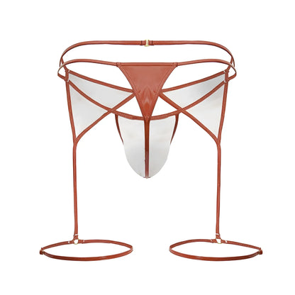 Brown leather strappy bikini bottom with transparent panels and adjustable leg loops from candyman dom outfit red