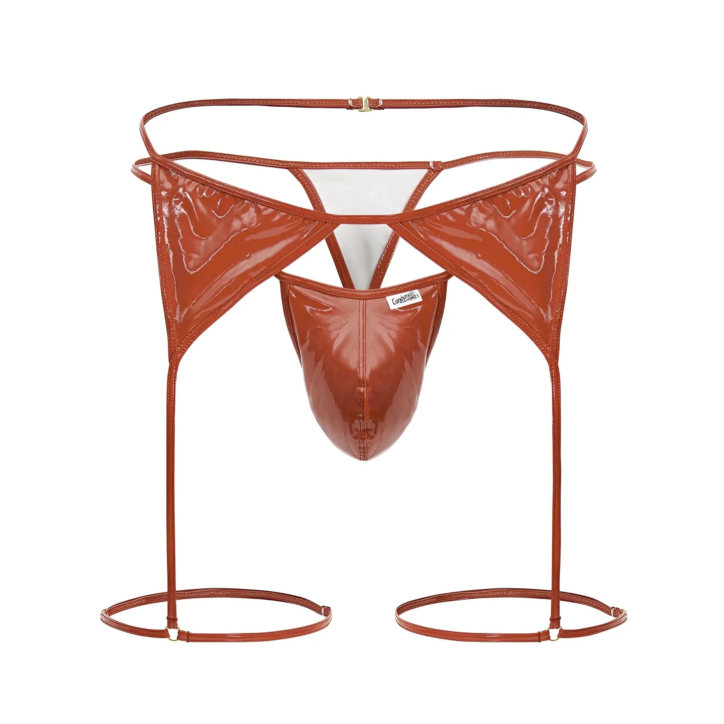 Cuper-colored patent leather garter belt with matching thong and leg straps in candyman 99825 dom outfit red
