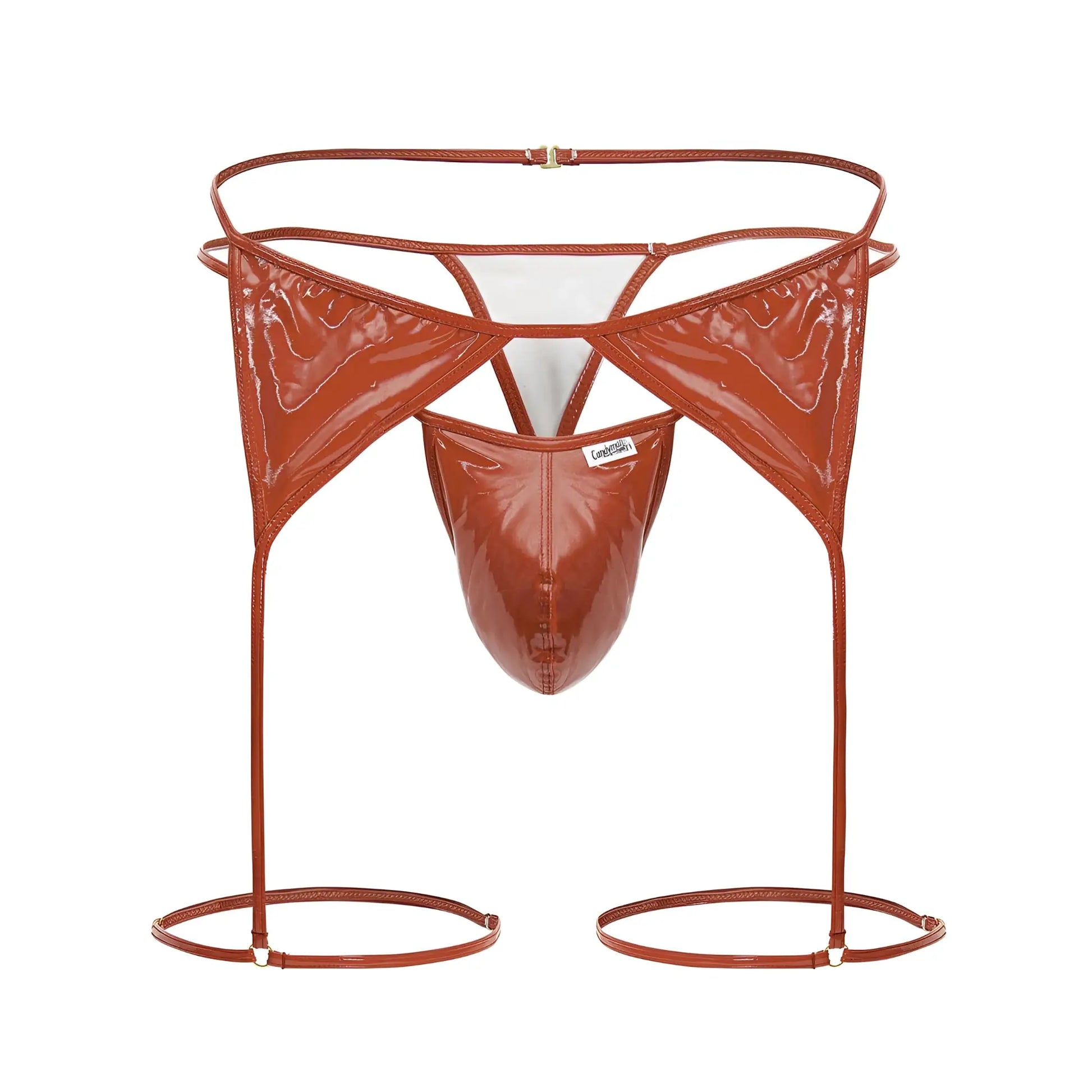 Cuper-colored patent leather garter belt with matching thong and leg straps in candyman 99825 dom outfit red