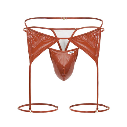 Cuper-colored patent leather garter belt with matching thong and leg straps in candyman 99825 dom outfit red