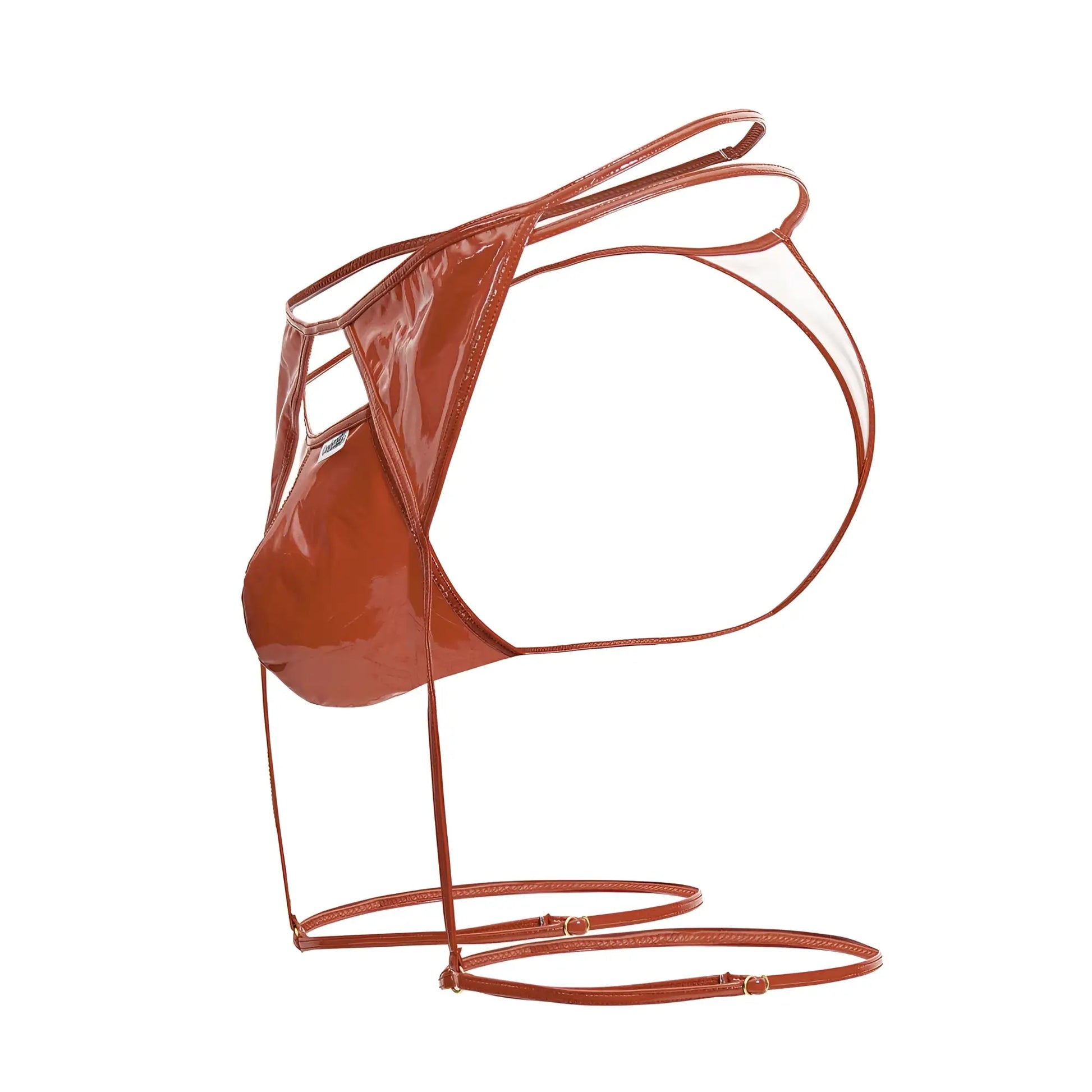 A glossy rust-colored transparent thong with sleek minimalist design and adjustable straps from candyman 99825 dom outfit red
