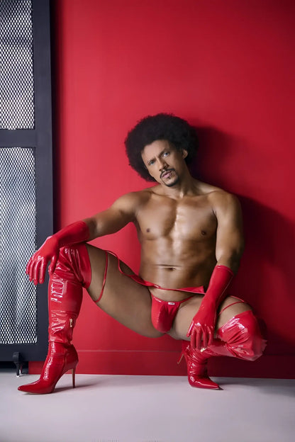 Red patent leather thigh-high boots with high stiletto heels and matching red gloves from candyman 99825 dom outfit