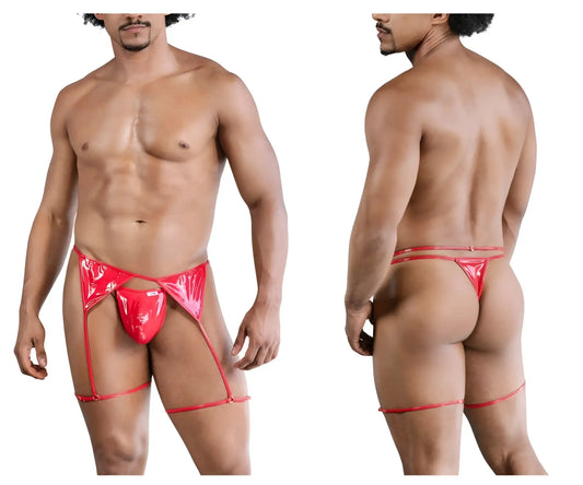 Red shiny latex thong with matching leg straps from candyman 99825 dom outfit in red shown from the back side
