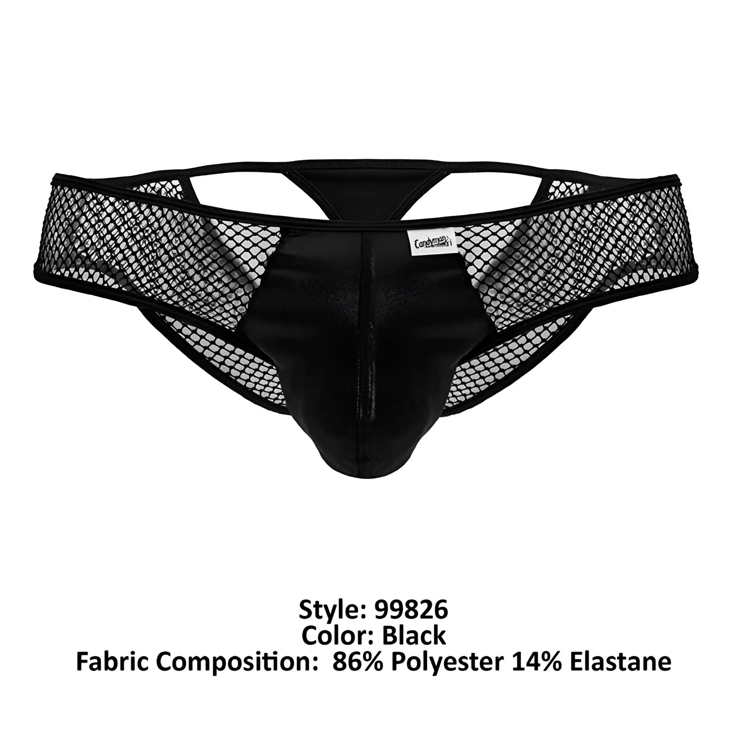 Black candyMan 99826 fishnet thong briefs with satin and mesh, central seam, and corduroy waistband label