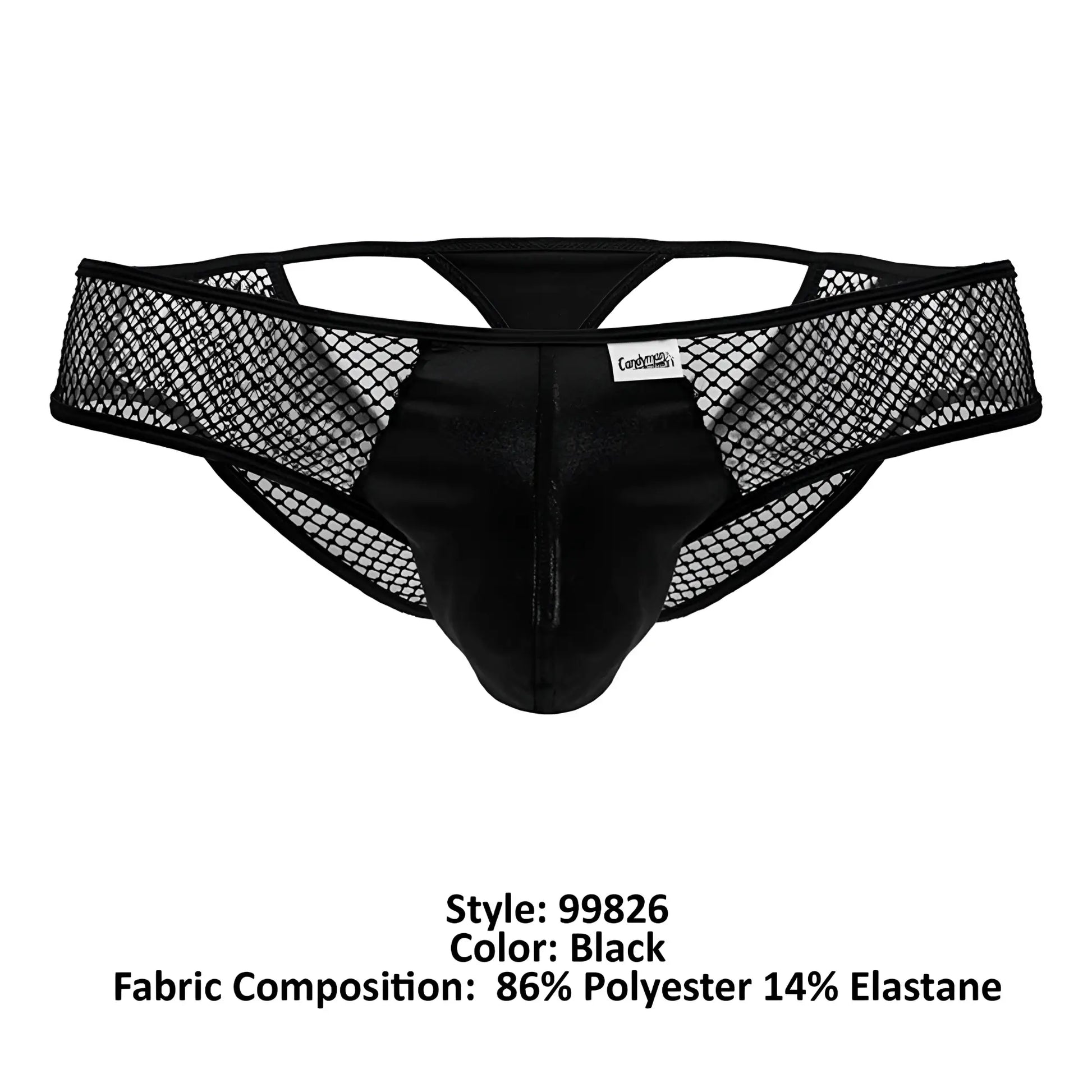 Black candyMan 99826 fishnet thong briefs with satin and mesh, central seam, and corduroy waistband label