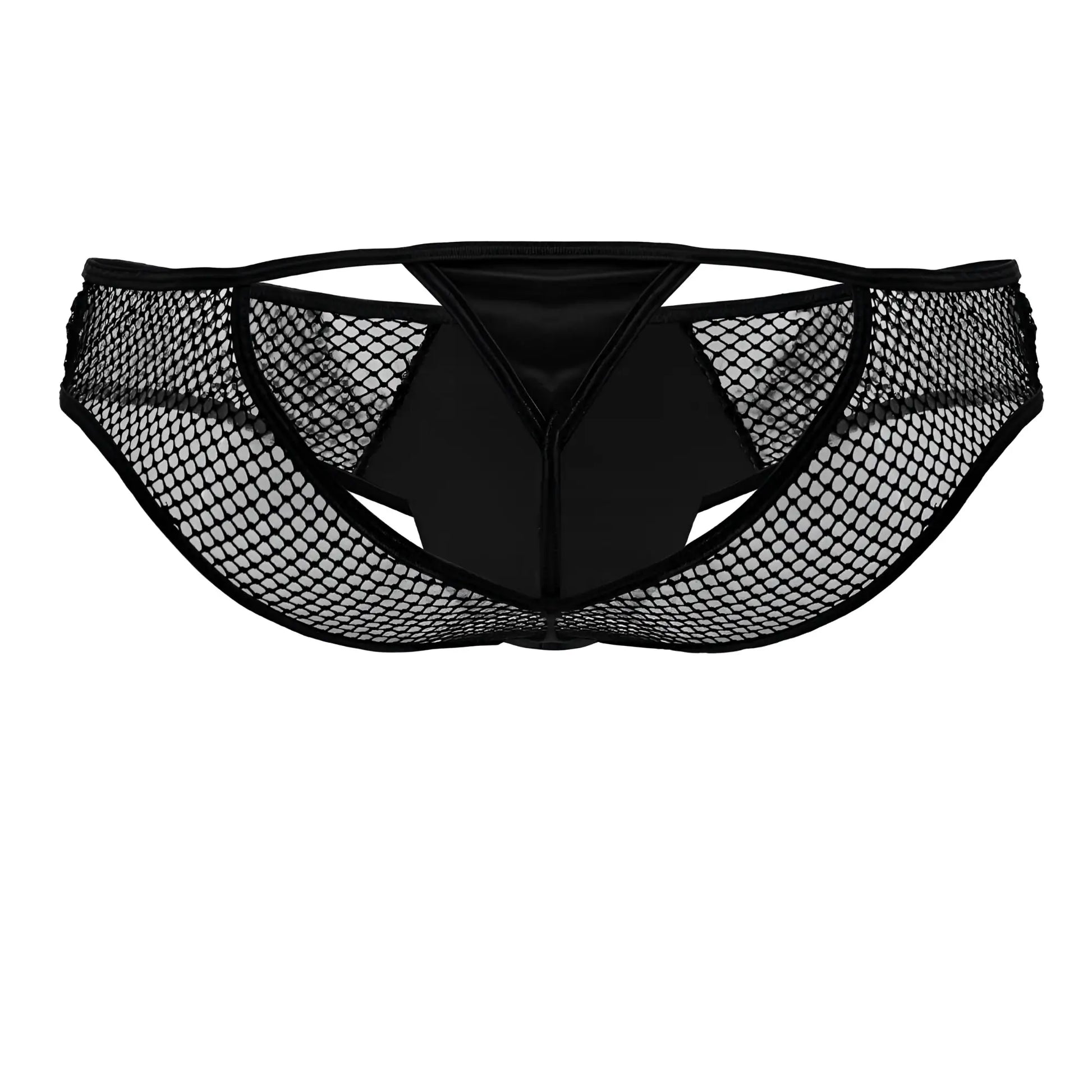 Black candyman 99826 fishnet thong with a satin panel at the center made of mesh material