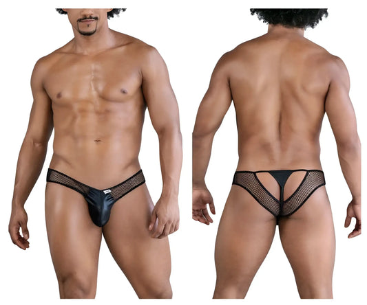 CandyMan 99826 black fishnet thong with shiny glossy front panel and cutout design in black mesh material