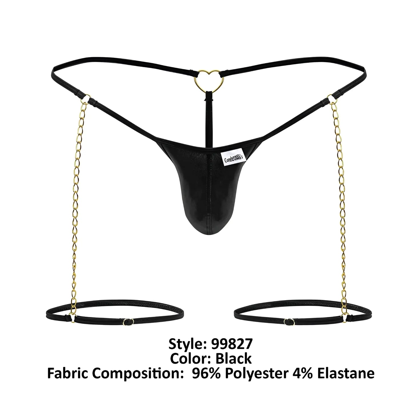 Black leather-like thong with gold heart-shaped ring and attached chains leading to black ankle cuffs by candyman