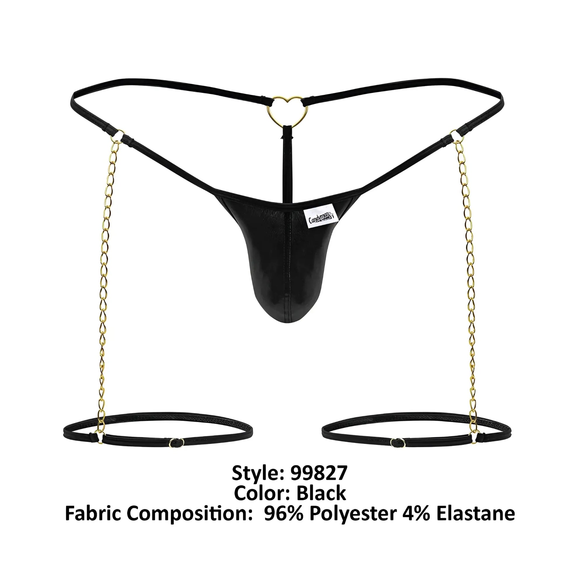 Black leather-like thong with gold heart-shaped ring and attached chains leading to black ankle cuffs by candyman