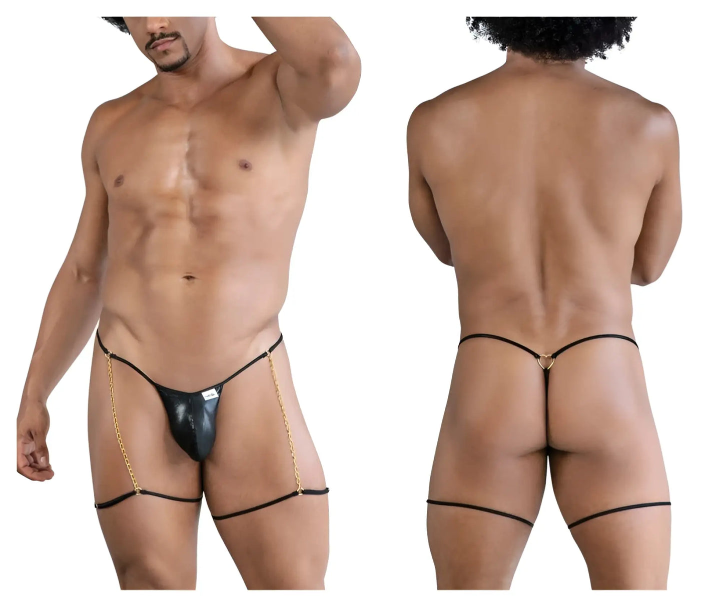 Black leather thong with gold chain detailing from candyman 99827 chain-garter thongs in black color front view