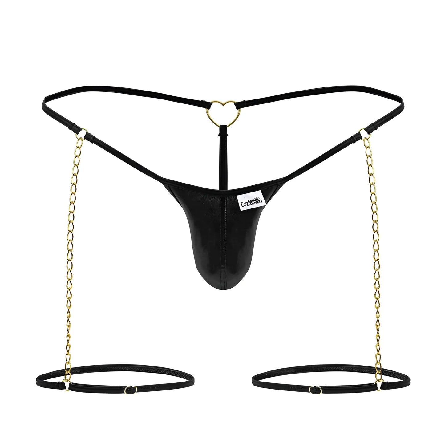 Black leather thong with gold chain straps and heart-shaped metal clasp from CandyMan 99827 chain-garter thongs color black