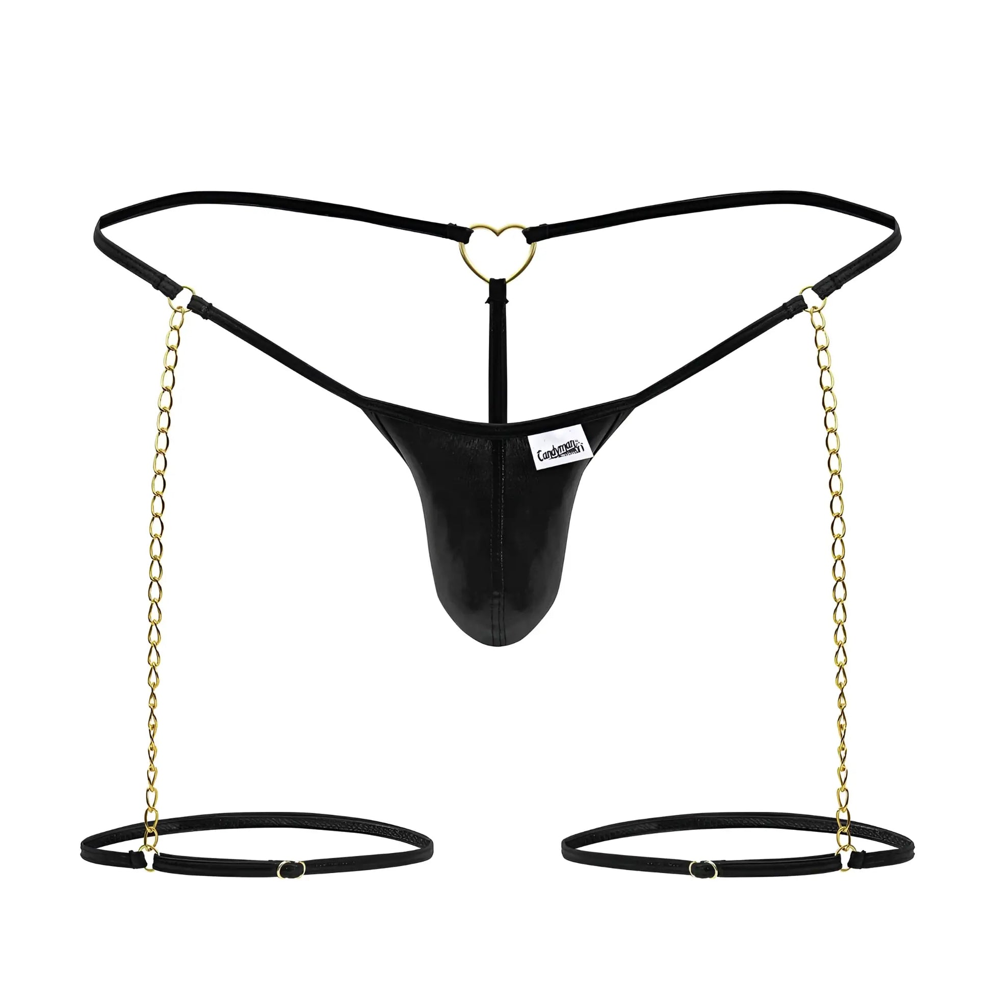 Black leather thong with gold chain straps and heart-shaped metal clasp from CandyMan 99827 chain-garter thongs color black