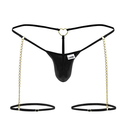 Black leather thong with gold chain straps and heart-shaped metal clasp from CandyMan 99827 chain-garter thongs color black