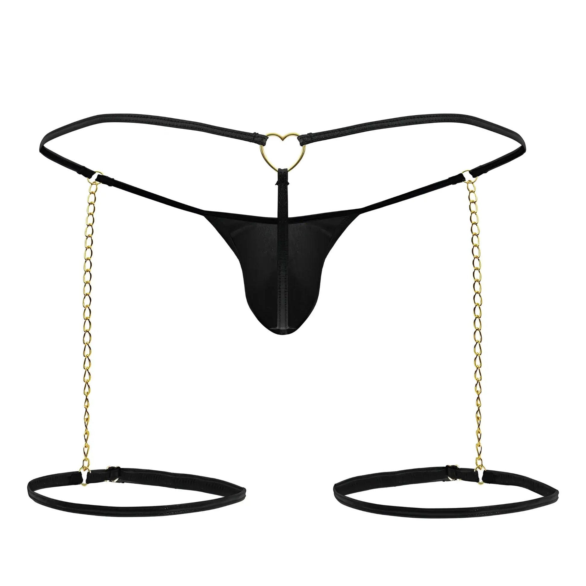 Black thong candyMan 99827 chain-garter with heart-shaped metal clasp gold chains and adjustable ankle cuffs