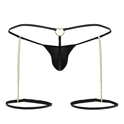 Black thong candyMan 99827 chain-garter with heart-shaped metal clasp gold chains and adjustable ankle cuffs