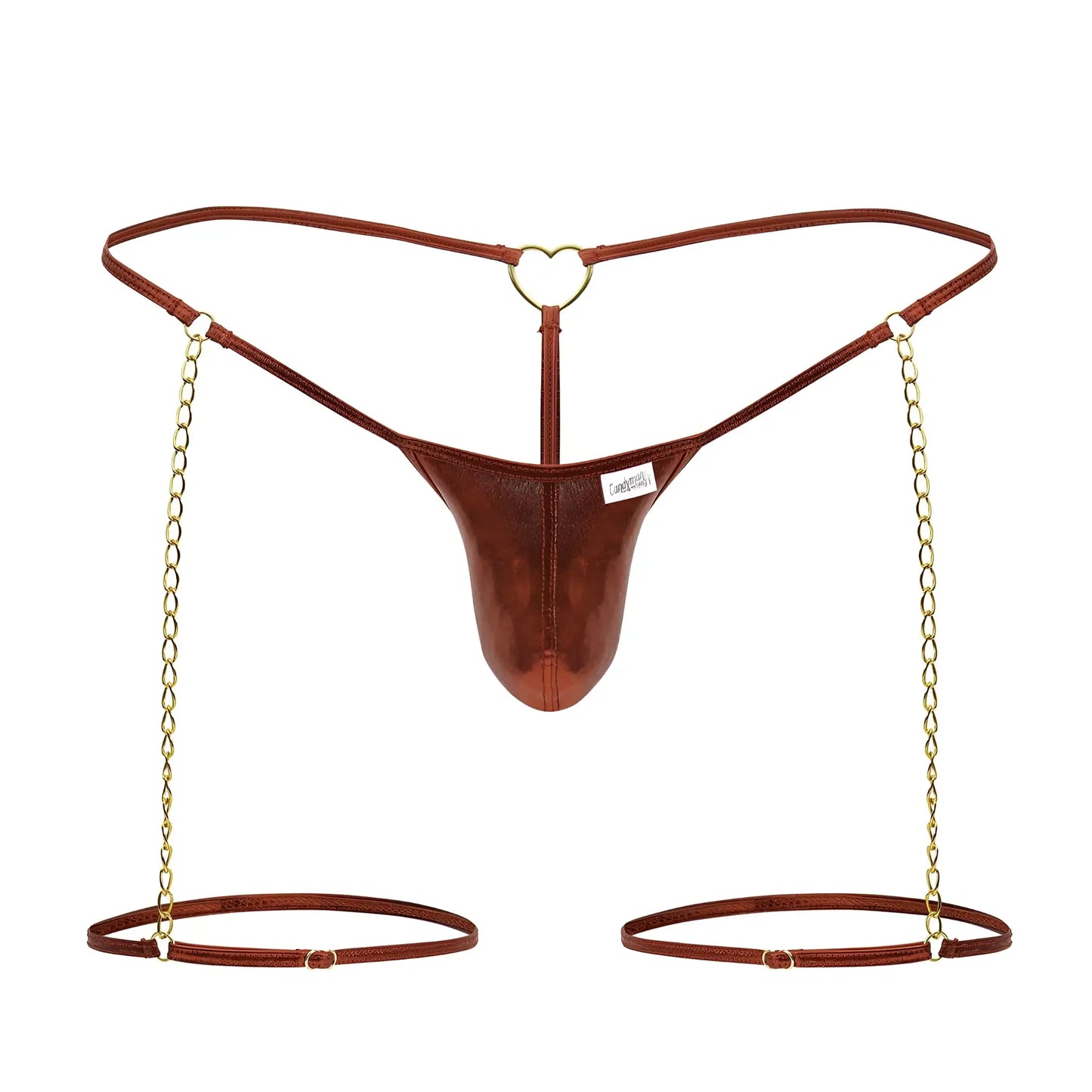 Brown metallic-finish thong with gold heart clasp and matching chains attached to adjustable leg straps in red