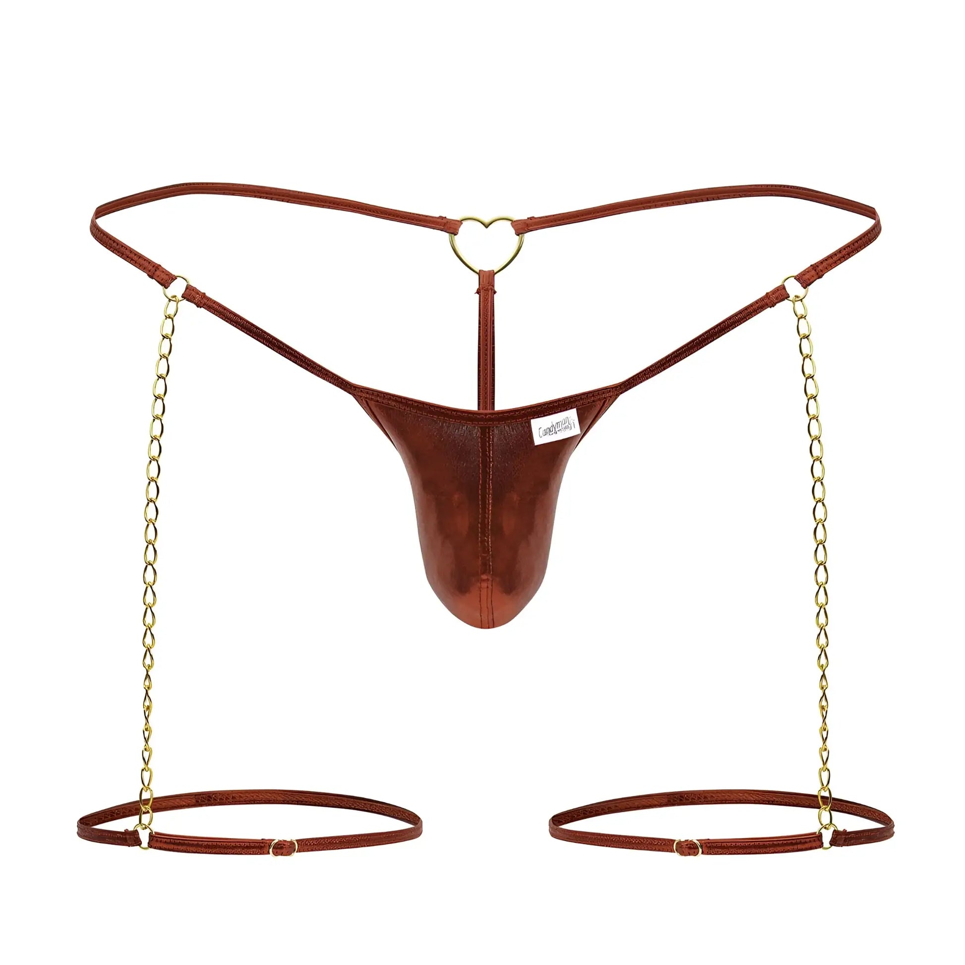 Brown metallic-finish thong with gold heart clasp and matching chains attached to adjustable leg straps in red