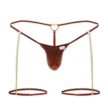 Brown metallic-finish thong with gold heart clasp and matching chains attached to adjustable leg straps in red