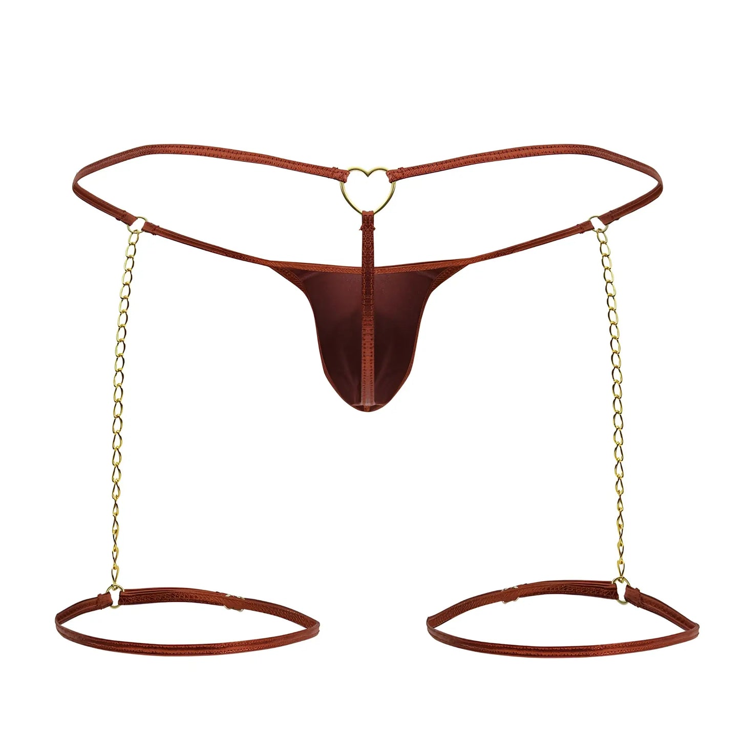 Brown satin thong with gold heart ring and red chain-garter thongs by candyman with adjustable ankle cuffs