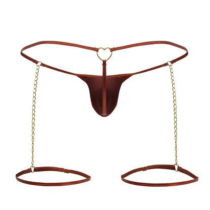 Brown satin thong with gold heart ring and red chain-garter thongs by candyman with adjustable ankle cuffs
