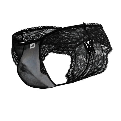 CandyMan 99828 black lace mesh thongs for men featuring intricate floral patterns and a mesh panel on front