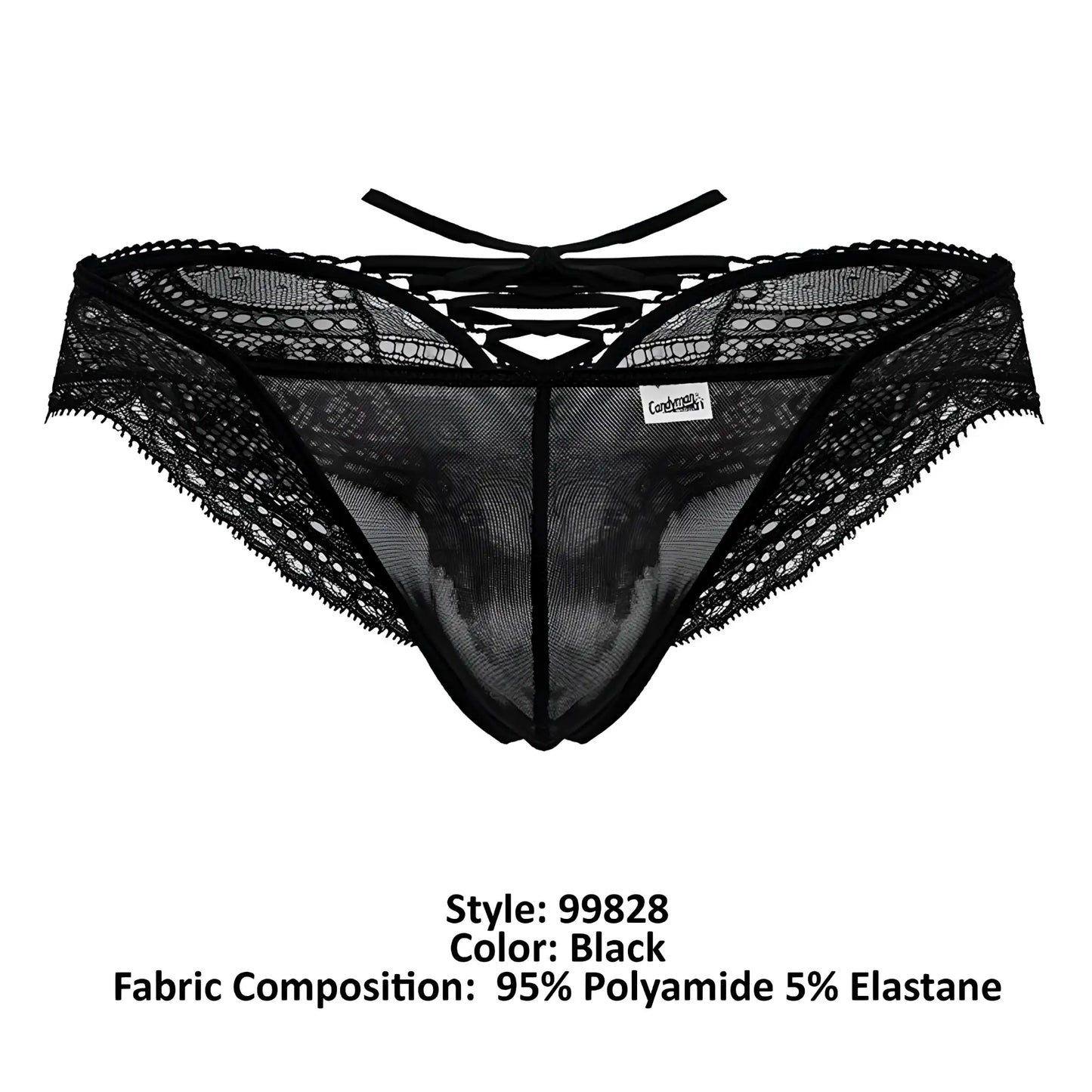 Black lace mesh thong candyMan 99828 with scalloped edges and crisscross back tie shown from the back side