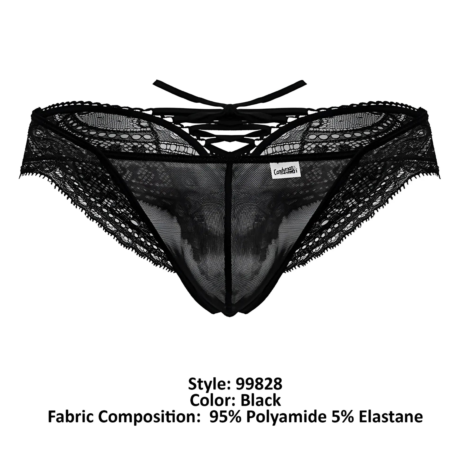 Black lace mesh thong candyMan 99828 with scalloped edges and crisscross back tie shown from the back side