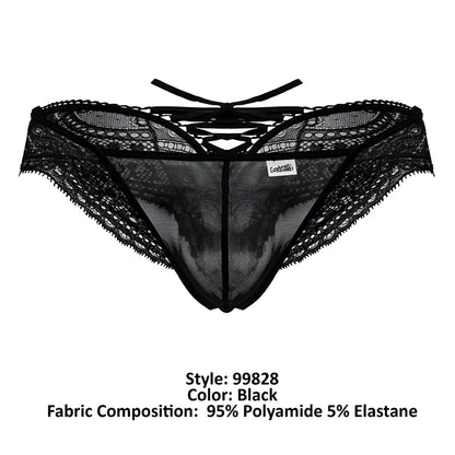 Black lace mesh thong candyMan 99828 with scalloped edges and crisscross back tie shown from the back side