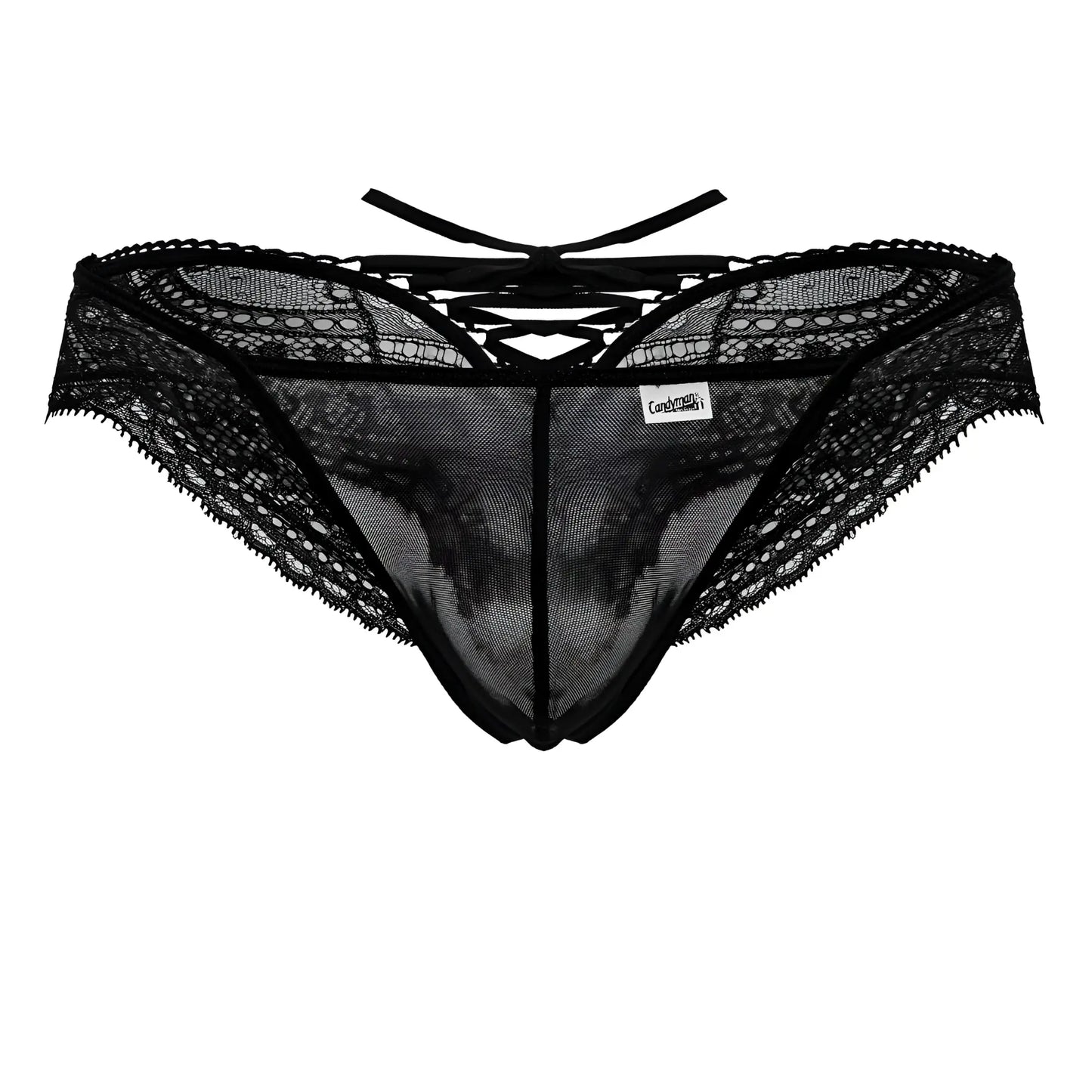 Black lace mesh thong candyMan 99828 with crisscross back tie and sheer panel showing back side