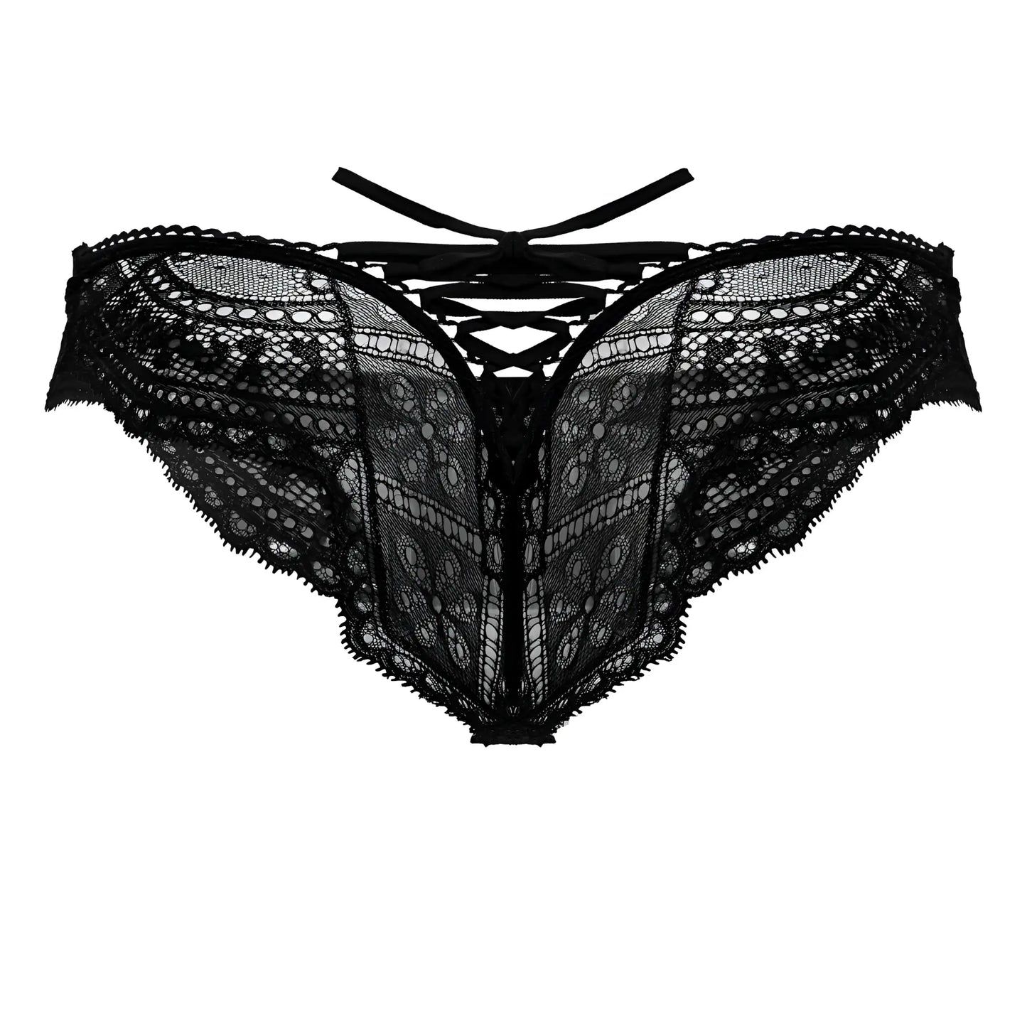 Black lace mesh thong CandyMan 99828 with intricate floral patterns and tied-back design shown from the back side