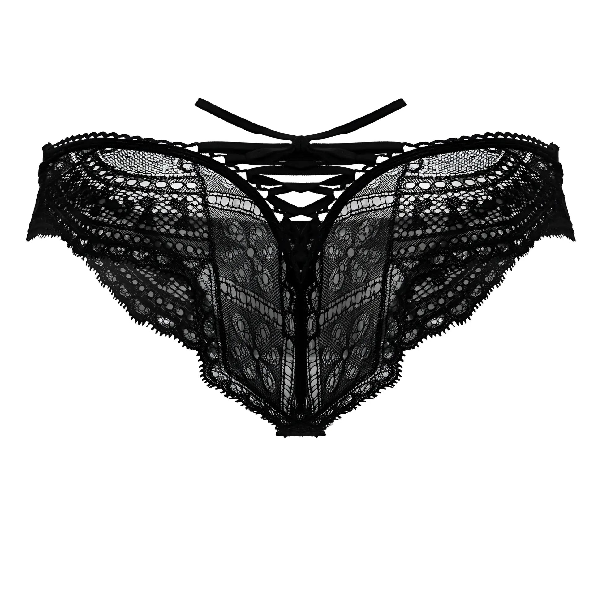 Black lace mesh thong CandyMan 99828 with intricate floral patterns and tied-back design shown from the back side