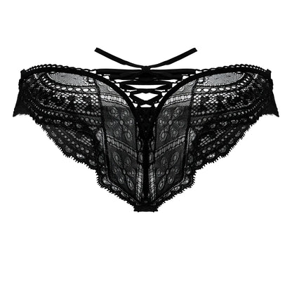 Black lace mesh thong CandyMan 99828 with intricate floral patterns and tied-back design shown from the back side