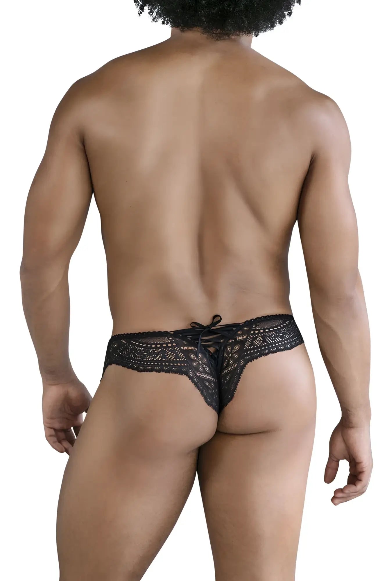 Black lace mesh thong with a tied-back design shown from the back in the candyman 99828 collection