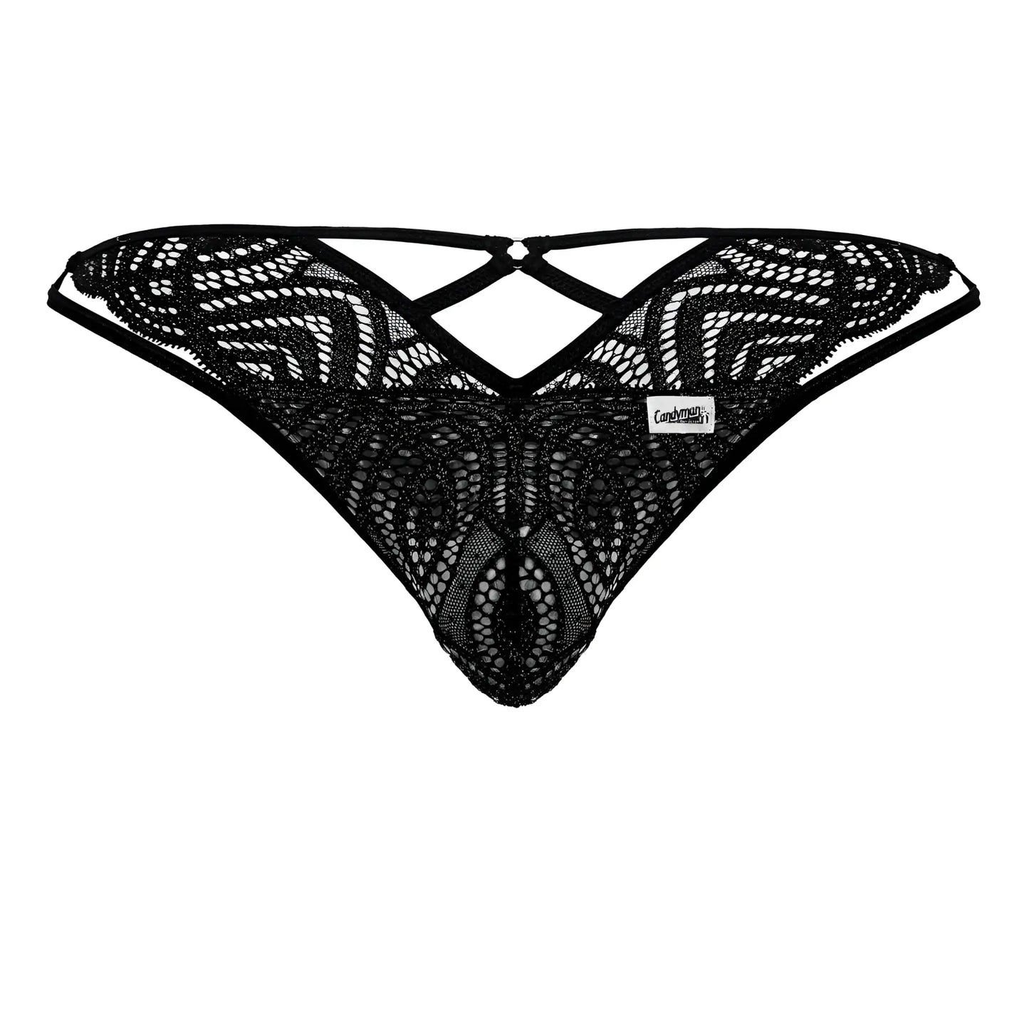 Black lace thong candyman 99829 with intricate geometric patterns and crisscross back design shown from the back