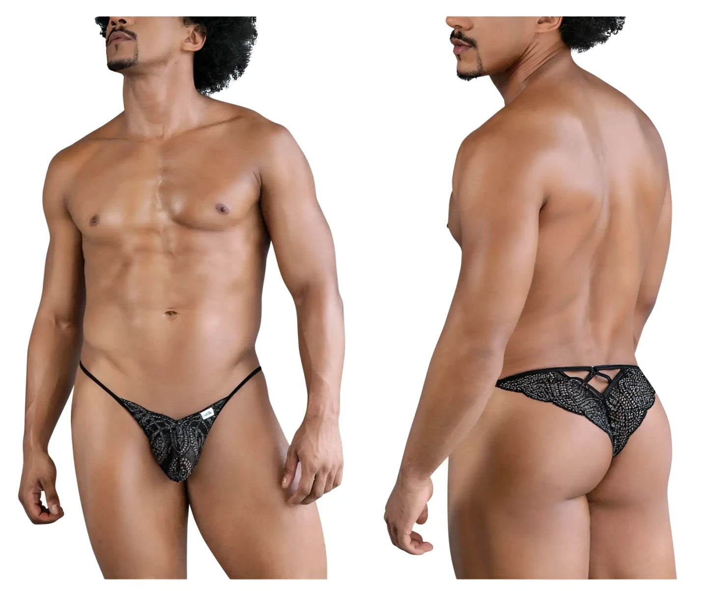 Black lace thong CandyMan 99829 in black with textured patterned design and adjustable straps shown from the back
