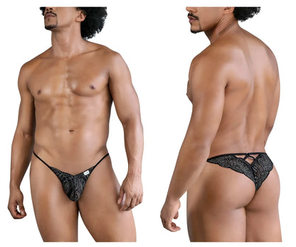 Black lace thong CandyMan 99829 in black with textured patterned design and adjustable straps shown from the back