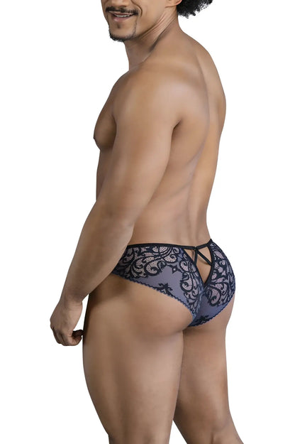 Dark blue lace briefs with intricate floral patterns and a back tie design from Candyman 99830 collection