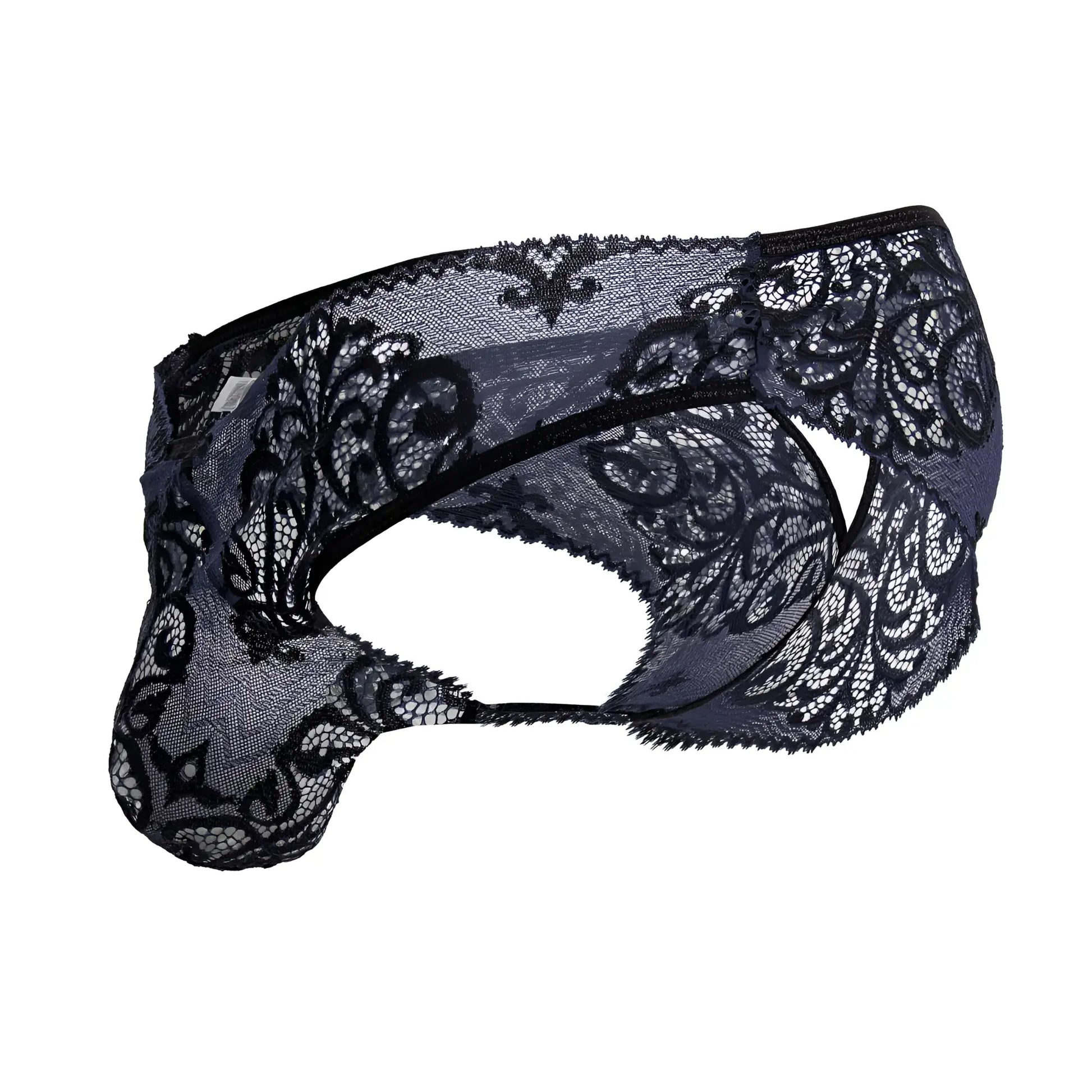 Black lace mens briefs by candyman 99830 with intricate floral patterns and sheer mesh texture in black and navy