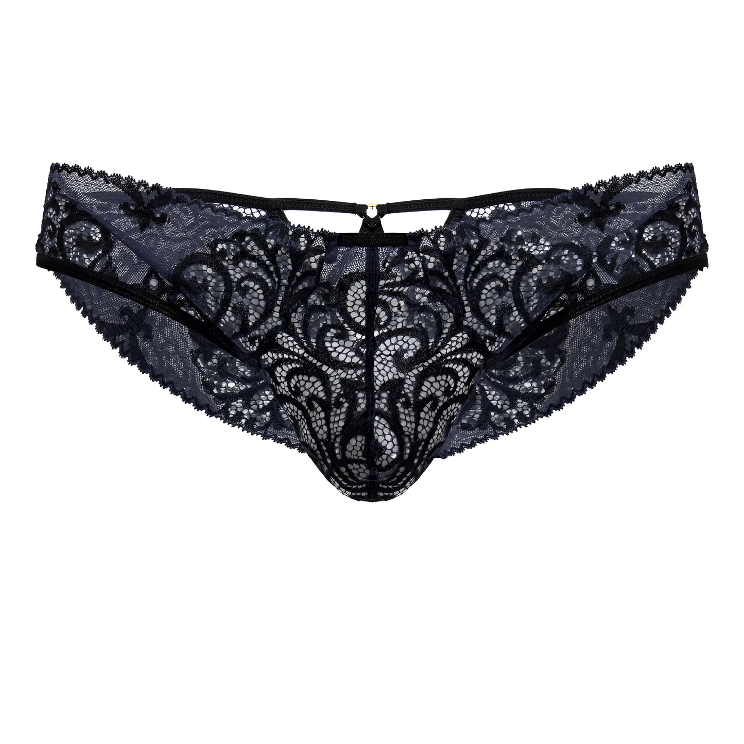 Black and navy Candyman 99830 lace briefs with intricate floral patterns and a central zipper closure front view