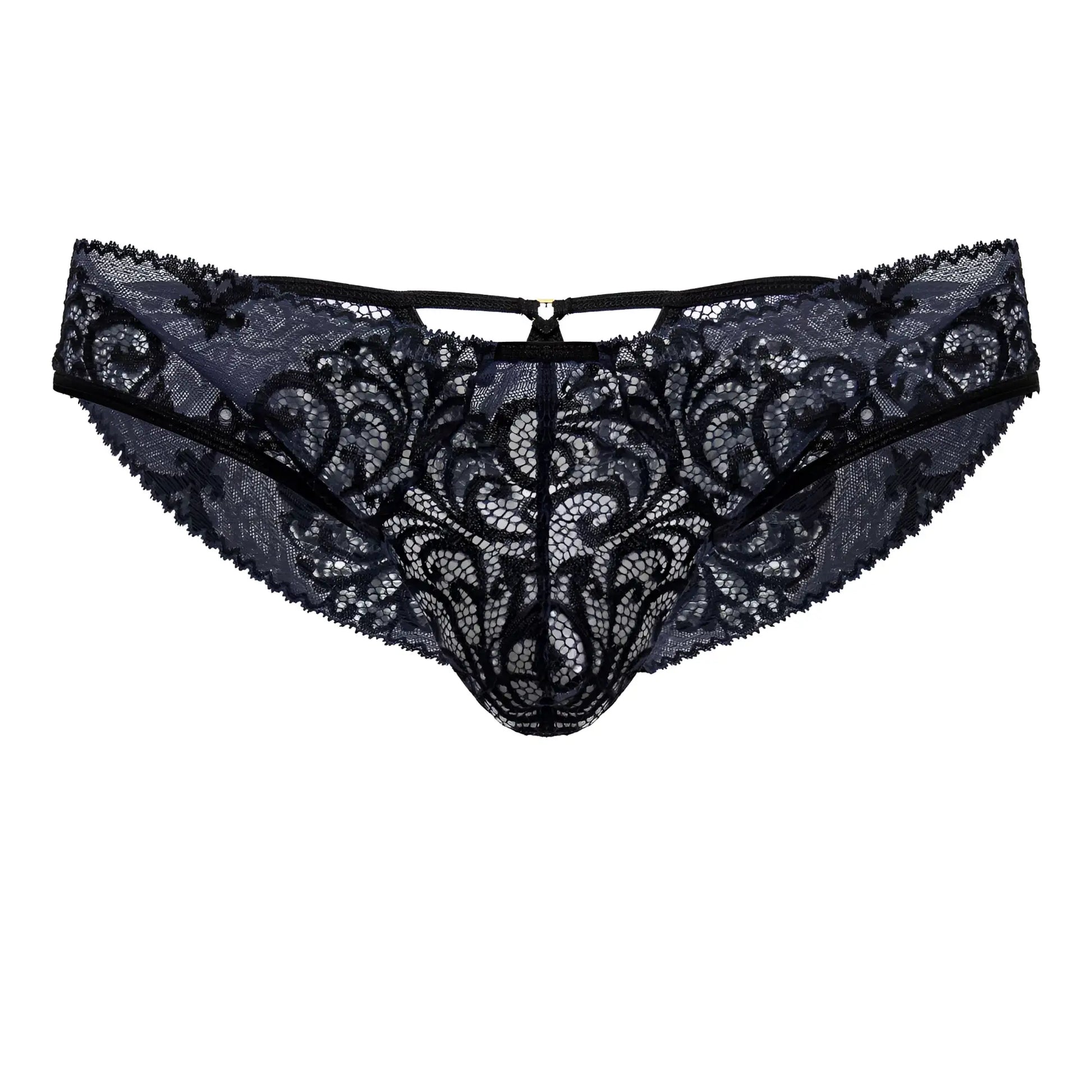 Black and navy Candyman 99830 lace briefs with intricate floral patterns and a central zipper closure front view